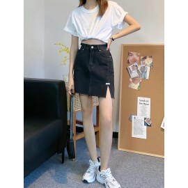 Women's Summer Causal High-Waist Denim Skirt, A-Line Jean Mini Skirt With Side Split, Frayed Hem, Casual Style Women's Summer Causal High-Waist Denim Skirt, A-Line Jean Mini Skirt With Side Split, Frayed Hem, Casual Style