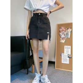 Women's Summer Causal High-Waist Denim Skirt, A-Line Jean Mini Skirt With Side Split, Frayed Hem, Casual Style Women's Summer Causal High-Waist Denim Skirt, A-Line Jean Mini Skirt With Side Split, Frayed Hem, Casual Style