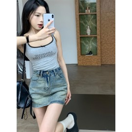 Chic High-Waist A-Line Denim Skirt with Built-In Liner - Casual, Non-Stretch, Machine Washable - Summer Fashion for Women Chic High-Waist A-Line Denim Skirt with Built-In Liner - Casual, Non-Stretch, Machine Washable - Summer Fashion for Women