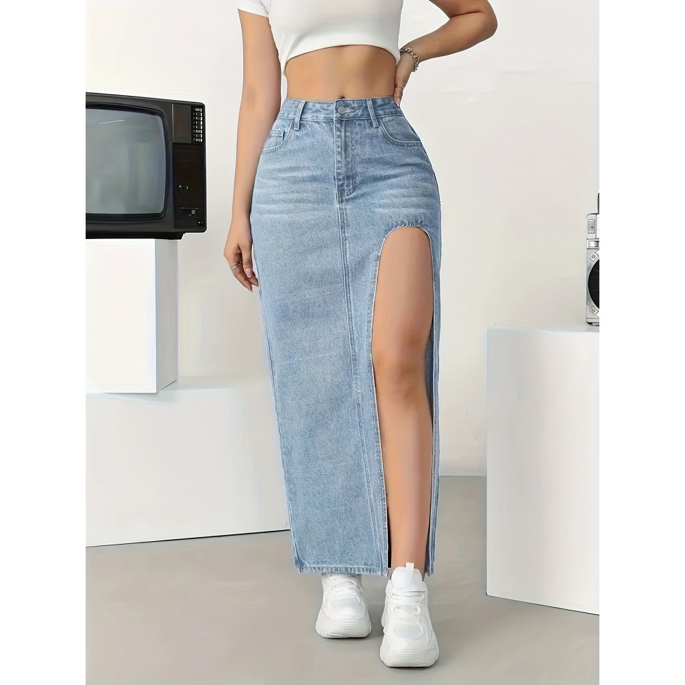 Split Side Whiskering Light Washed Blue Casual Style Stretchy Maxi Denim Skirt, Women's Denim Jeans & Clothing Split Side Whiskering Light Washed Blue Casual Style Stretchy Maxi Denim Skirt, Women's Denim Jeans & Clothing