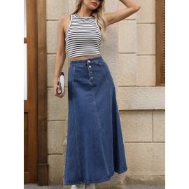 Plain Washed Blue Button Fly Casual Style A-line Maxi Denim Skirt, Women's Denim Jeans & Clothing Plain Washed Blue Button Fly Casual Style A-line Maxi Denim Skirt, Women's Denim Jeans & Clothing