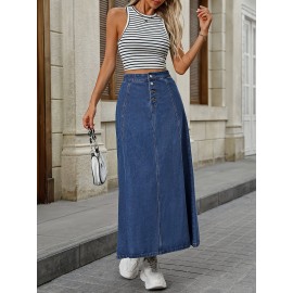 Single-breasted Plain Washed Blue Denim Skirt, Elegant High Rise Maxi Denim Skirt, Women's Denim Jeans & Clothing Single-breasted Plain Washed Blue Denim Skirt, Elegant High Rise Maxi Denim Skirt, Women's Denim Jeans & Clothing