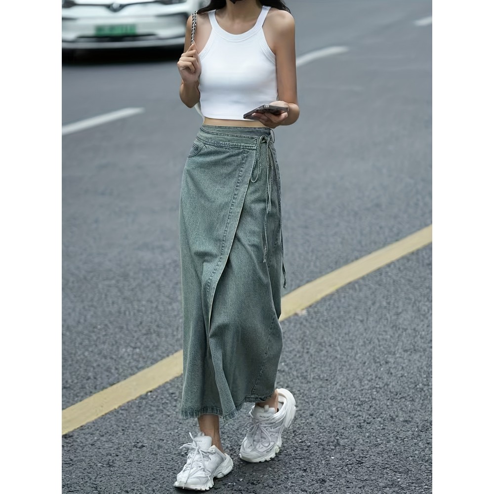 Women'S Elegant Denim Wrap Skirt - High Waist Lace-Up Slit Midi Skirt, Cotton Blend, Geometric Pattern, Woven Fabric, Non-Stretch for Spring/Summer/Fall Women'S Elegant Denim Wrap Skirt - High Waist Lace-Up Slit Midi Skirt, Cotton Blend, Geometric Pattern, Woven Fabric, Non-Stretch for Spring/Summer/Fall
