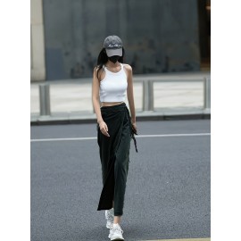 Women'S Elegant Denim Wrap Skirt - High Waist Lace-Up Slit Midi Skirt, Cotton Blend, Geometric Pattern, Woven Fabric, Non-Stretch for Spring/Summer/Fall Women'S Elegant Denim Wrap Skirt - High Waist Lace-Up Slit Midi Skirt, Cotton Blend, Geometric Pattern, Woven Fabric, Non-Stretch for Spring/Summer/Fall