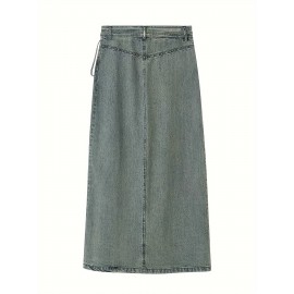 Women'S Elegant Denim Wrap Skirt - High Waist Lace-Up Slit Midi Skirt, Cotton Blend, Geometric Pattern, Woven Fabric, Non-Stretch for Spring/Summer/Fall Women'S Elegant Denim Wrap Skirt - High Waist Lace-Up Slit Midi Skirt, Cotton Blend, Geometric Pattern, Woven Fabric, Non-Stretch for Spring/Summer/Fall