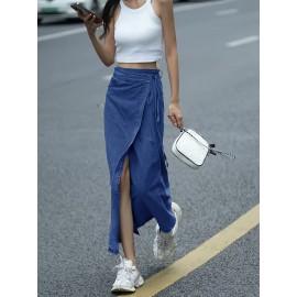 Women'S Elegant Denim Wrap Skirt - High Waist Lace-Up Slit Midi Skirt, Cotton Blend, Geometric Pattern, Woven Fabric, Non-Stretch for Spring/Summer/Fall Women'S Elegant Denim Wrap Skirt - High Waist Lace-Up Slit Midi Skirt, Cotton Blend, Geometric Pattern, Woven Fabric, Non-Stretch for Spring/Summer/Fall