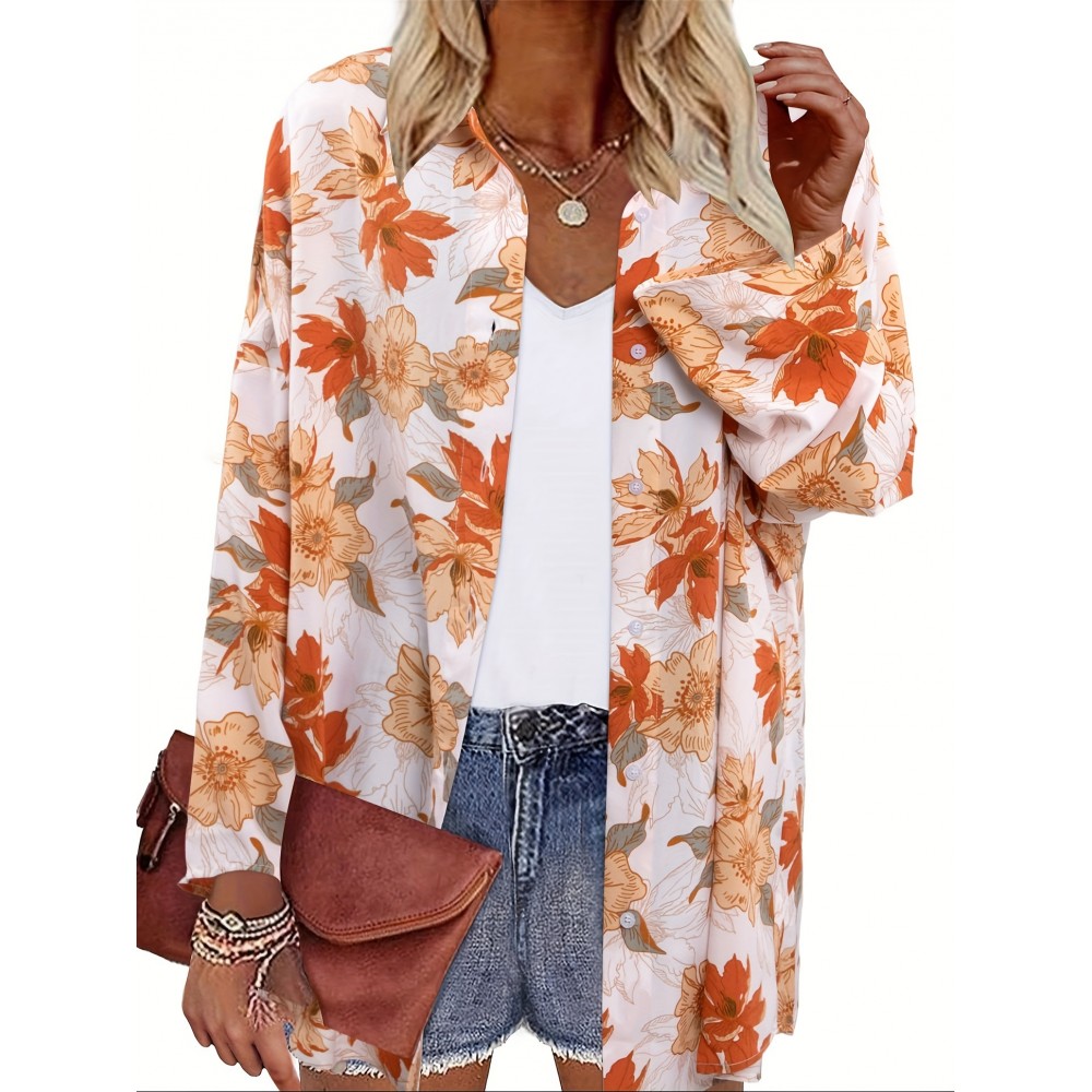 Floral Print Button Up Shirt, Vacation Lapel Neck Long Sleeve Loose Shirt, Women's Clothing Floral Print Button Up Shirt, Vacation Lapel Neck Long Sleeve Loose Shirt, Women's Clothing