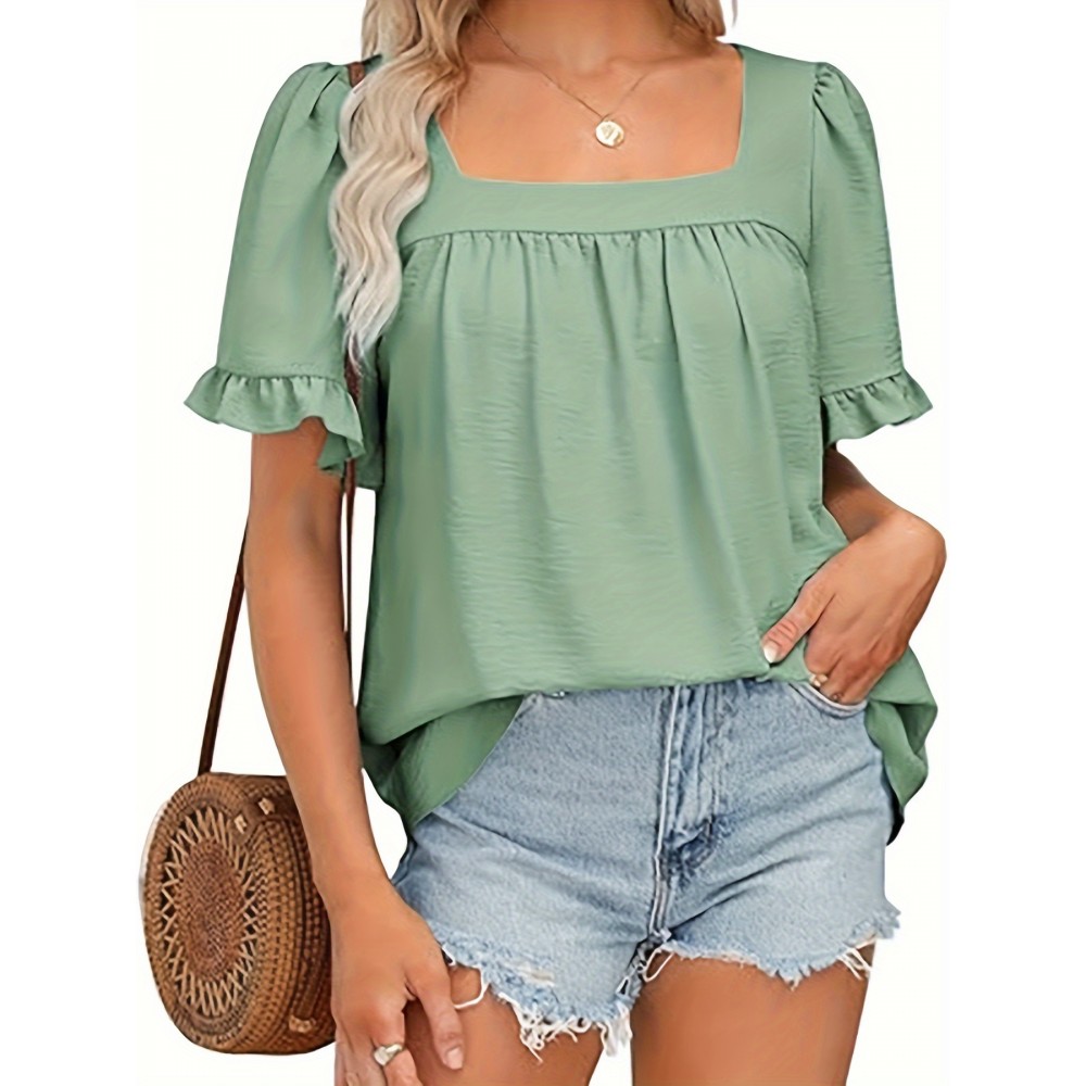 Vibrant Solid Color Square Neck Short Sleeve Blouse - Ruched Bust, Micro Elasticity, Machine Washable - Perfect for Mature Womens Casual Summer Clothing Vibrant Solid Color Square Neck Short Sleeve Blouse - Ruched Bust, Micro Elasticity, Machine Washable - Perfect for Mature Womens Casual Summer Clothing
