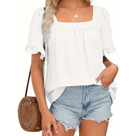 Vibrant Solid Color Square Neck Short Sleeve Blouse - Ruched Bust, Micro Elasticity, Machine Washable - Perfect for Mature Womens Casual Summer Clothing Vibrant Solid Color Square Neck Short Sleeve Blouse - Ruched Bust, Micro Elasticity, Machine Washable - Perfect for Mature Womens Casual Summer Clothing