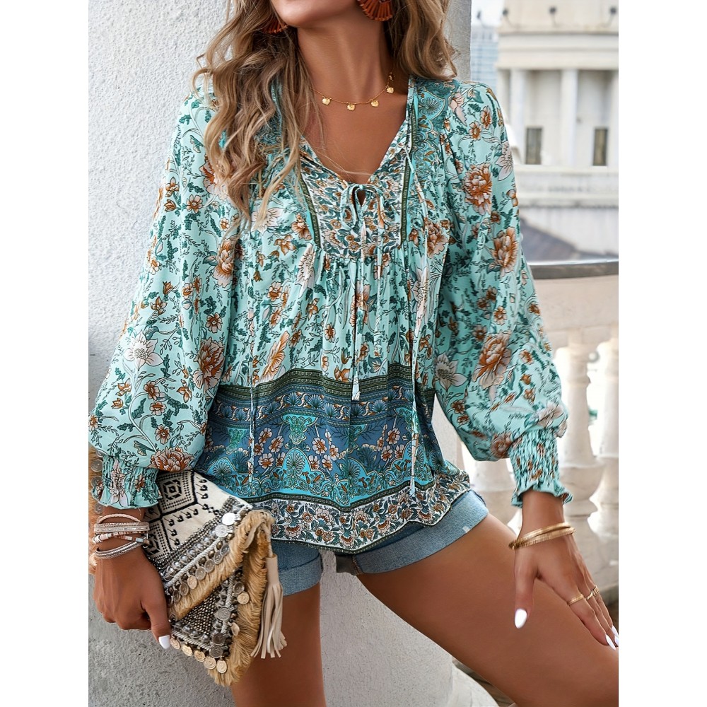 Floral Print V Neck Blouse, Casual Drawstring Long Sleeve Blouse For Spring & Fall, Women's Clothing Floral Print V Neck Blouse, Casual Drawstring Long Sleeve Blouse For Spring & Fall, Women's Clothing