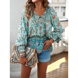 Floral Print V Neck Blouse, Casual Drawstring Long Sleeve Blouse For Spring & Fall, Women's Clothing Floral Print V Neck Blouse, Casual Drawstring Long Sleeve Blouse For Spring & Fall, Women's Clothing