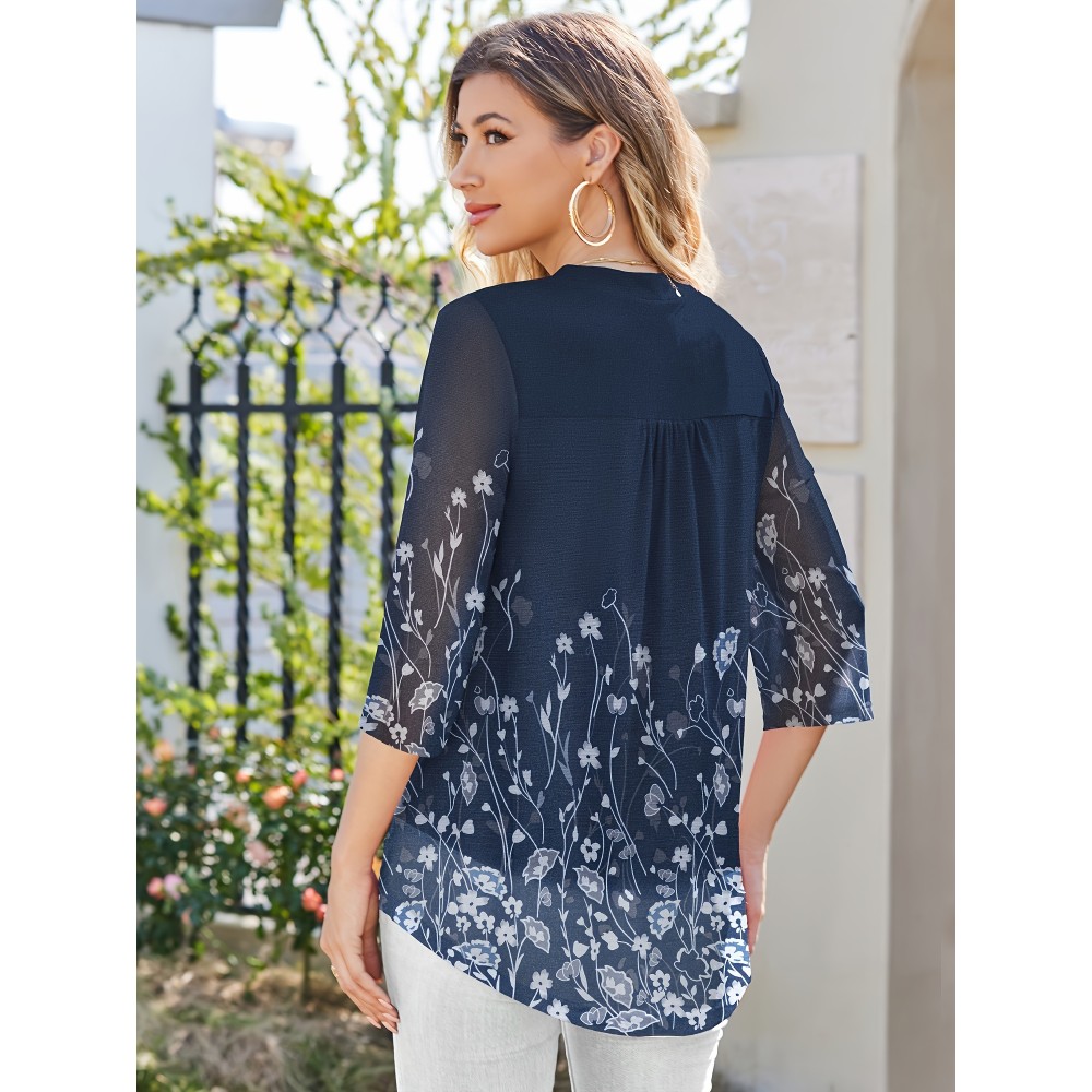Women's 3/4 Sleeve V Neck Shirts Floral Casual Tunic Tops Double Layers Mesh Blouse Work Casual Top Women's 3/4 Sleeve V Neck Shirts Floral Casual Tunic Tops Double Layers Mesh Blouse Work Casual Top