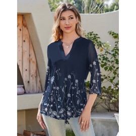 Women's 3/4 Sleeve V Neck Shirts Floral Casual Tunic Tops Double Layers Mesh Blouse Work Casual Top Women's 3/4 Sleeve V Neck Shirts Floral Casual Tunic Tops Double Layers Mesh Blouse Work Casual Top