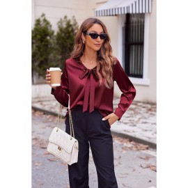 Women's Satin Silk Long Sleeve Blouse with Bow Tie Neck Office Work Wear Elegant Tops Women's Satin Silk Long Sleeve Blouse with Bow Tie Neck Office Work Wear Elegant Tops