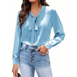 Women's Satin Silk Long Sleeve Blouse with Bow Tie Neck Office Work Wear Elegant Tops Women's Satin Silk Long Sleeve Blouse with Bow Tie Neck Office Work Wear Elegant Tops