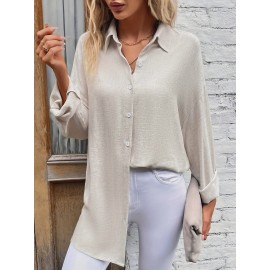 Solid Lapel Neck Button Down Blouse, Elegant Long Sleeve Spring & Fall Blouse For Business Or Leisure, Women's Clothing Solid Lapel Neck Button Down Blouse, Elegant Long Sleeve Spring & Fall Blouse For Business Or Leisure, Women's Clothing