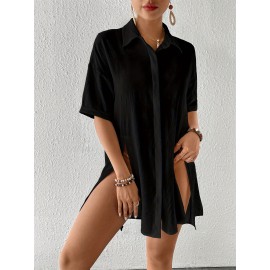 Women's Short Shirt Ice Silk Wrinkled Polo Neck Solid Color Button Elegant Casual Shirt Women's Short Shirt Ice Silk Wrinkled Polo Neck Solid Color Button Elegant Casual Shirt