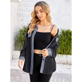 Drop Shoulder Button Front Shirt, Casual Long Sleeve With Pocket Shirt For Spring & Fall, Women's Clothing Drop Shoulder Button Front Shirt, Casual Long Sleeve With Pocket Shirt For Spring & Fall, Women's Clothing