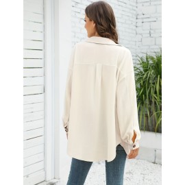 Drop Shoulder Button Front Shirt, Casual Long Sleeve With Pocket Shirt For Spring & Fall, Women's Clothing Drop Shoulder Button Front Shirt, Casual Long Sleeve With Pocket Shirt For Spring & Fall, Women's Clothing