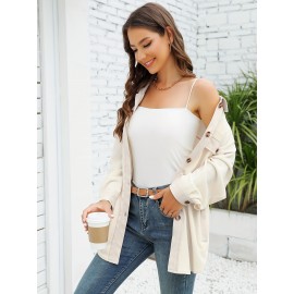 Drop Shoulder Button Front Shirt, Casual Long Sleeve With Pocket Shirt For Spring & Fall, Women's Clothing Drop Shoulder Button Front Shirt, Casual Long Sleeve With Pocket Shirt For Spring & Fall, Women's Clothing
