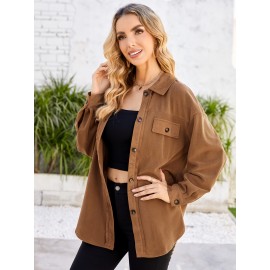 Drop Shoulder Button Front Shirt, Casual Long Sleeve With Pocket Shirt For Spring & Fall, Women's Clothing Drop Shoulder Button Front Shirt, Casual Long Sleeve With Pocket Shirt For Spring & Fall, Women's Clothing