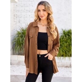 Drop Shoulder Button Front Shirt, Casual Long Sleeve With Pocket Shirt For Spring & Fall, Women's Clothing Drop Shoulder Button Front Shirt, Casual Long Sleeve With Pocket Shirt For Spring & Fall, Women's Clothing