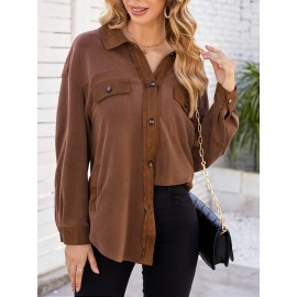 Drop Shoulder Button Front Shirt, Casual Long Sleeve With Pocket Shirt For Spring & Fall, Women's Clothing Drop Shoulder Button Front Shirt, Casual Long Sleeve With Pocket Shirt For Spring & Fall, Women's Clothing