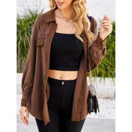 Drop Shoulder Button Front Shirt, Casual Long Sleeve With Pocket Shirt For Spring & Fall, Women's Clothing Drop Shoulder Button Front Shirt, Casual Long Sleeve With Pocket Shirt For Spring & Fall, Women's Clothing
