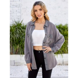 Drop Shoulder Button Front Shirt, Casual Long Sleeve With Pocket Shirt For Spring & Fall, Women's Clothing Drop Shoulder Button Front Shirt, Casual Long Sleeve With Pocket Shirt For Spring & Fall, Women's Clothing