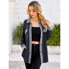 Drop Shoulder Button Front Shirt, Casual Long Sleeve With Pocket Shirt For Spring & Fall, Women's Clothing Drop Shoulder Button Front Shirt, Casual Long Sleeve With Pocket Shirt For Spring & Fall, Women's Clothing