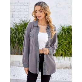 Drop Shoulder Button Front Shirt, Casual Long Sleeve With Pocket Shirt For Spring & Fall, Women's Clothing Drop Shoulder Button Front Shirt, Casual Long Sleeve With Pocket Shirt For Spring & Fall, Women's Clothing