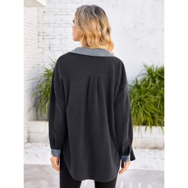 Drop Shoulder Button Front Shirt, Casual Long Sleeve With Pocket Shirt For Spring & Fall, Women's Clothing Drop Shoulder Button Front Shirt, Casual Long Sleeve With Pocket Shirt For Spring & Fall, Women's Clothing