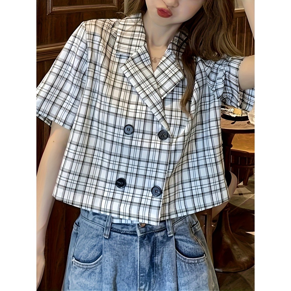 Plaid Print Double Breasted Crop Blouse, Casual Short Sleeve Lapel Blouse For Spring & Summer, Women's Clothing Plaid Print Double Breasted Crop Blouse, Casual Short Sleeve Lapel Blouse For Spring & Summer, Women's Clothing