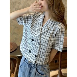 Plaid Print Double Breasted Crop Blouse, Casual Short Sleeve Lapel Blouse For Spring & Summer, Women's Clothing Plaid Print Double Breasted Crop Blouse, Casual Short Sleeve Lapel Blouse For Spring & Summer, Women's Clothing