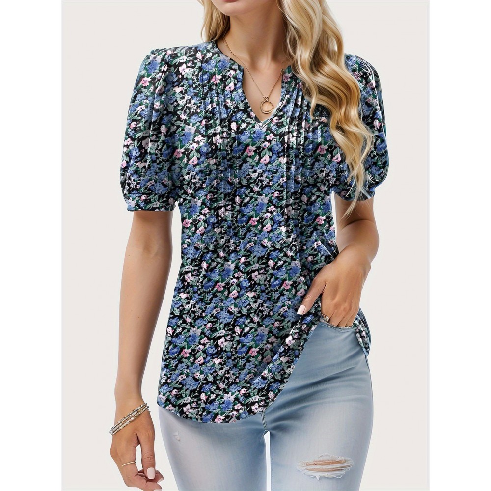 Floral Print Notched Neck Blouse, Casual Pleated Puff Sleeve Blouse For Spring & Summer, Women's Clothing Floral Print Notched Neck Blouse, Casual Pleated Puff Sleeve Blouse For Spring & Summer, Women's Clothing