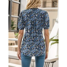 Floral Print Notched Neck Blouse, Casual Pleated Puff Sleeve Blouse For Spring & Summer, Women's Clothing Floral Print Notched Neck Blouse, Casual Pleated Puff Sleeve Blouse For Spring & Summer, Women's Clothing