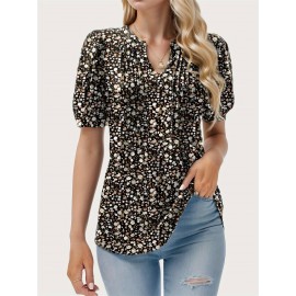 Floral Print Notched Neck Blouse, Casual Pleated Puff Sleeve Blouse For Spring & Summer, Women's Clothing Floral Print Notched Neck Blouse, Casual Pleated Puff Sleeve Blouse For Spring & Summer, Women's Clothing