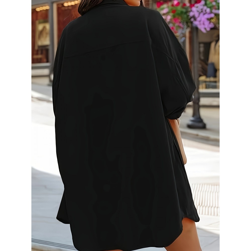 Solid Color Lapel Neck Blouse, Casual Button Front Long Sleeve Fit Blouse For Spring & Fall, Women's Clothing Solid Color Lapel Neck Blouse, Casual Button Front Long Sleeve Fit Blouse For Spring & Fall, Women's Clothing