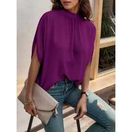 Womens Elegant Pintuck Batwing Sleeve Blouse - High Neck, Micro Elasticity, Solid Color, Machine Washable, Casual Top for Spring & Fall - Tooluck Brand Womens Elegant Pintuck Batwing Sleeve Blouse - High Neck, Micro Elasticity, Solid Color, Machine Washable, Casual Top for Spring & Fall - Tooluck Brand
