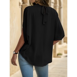 Womens Elegant Pintuck Batwing Sleeve Blouse - High Neck, Micro Elasticity, Solid Color, Machine Washable, Casual Top for Spring & Fall - Tooluck Brand Womens Elegant Pintuck Batwing Sleeve Blouse - High Neck, Micro Elasticity, Solid Color, Machine Washable, Casual Top for Spring & Fall - Tooluck Brand