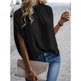 Womens Elegant Pintuck Batwing Sleeve Blouse - High Neck, Micro Elasticity, Solid Color, Machine Washable, Casual Top for Spring & Fall - Tooluck Brand Womens Elegant Pintuck Batwing Sleeve Blouse - High Neck, Micro Elasticity, Solid Color, Machine Washable, Casual Top for Spring & Fall - Tooluck Brand