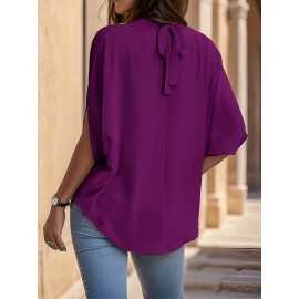 Womens Elegant Pintuck Batwing Sleeve Blouse - High Neck, Micro Elasticity, Solid Color, Machine Washable, Casual Top for Spring & Fall - Tooluck Brand Womens Elegant Pintuck Batwing Sleeve Blouse - High Neck, Micro Elasticity, Solid Color, Machine Washable, Casual Top for Spring & Fall - Tooluck Brand