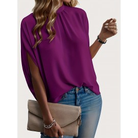 Womens Elegant Pintuck Batwing Sleeve Blouse - High Neck, Micro Elasticity, Solid Color, Machine Washable, Casual Top for Spring & Fall - Tooluck Brand Womens Elegant Pintuck Batwing Sleeve Blouse - High Neck, Micro Elasticity, Solid Color, Machine Washable, Casual Top for Spring & Fall - Tooluck Brand