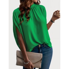 Womens Elegant Pintuck Batwing Sleeve Blouse - High Neck, Micro Elasticity, Solid Color, Machine Washable, Casual Top for Spring & Fall - Tooluck Brand Womens Elegant Pintuck Batwing Sleeve Blouse - High Neck, Micro Elasticity, Solid Color, Machine Washable, Casual Top for Spring & Fall - Tooluck Brand