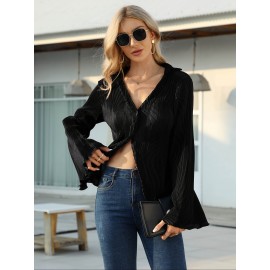 Solid Pleated V Neck Blouse, Casual Button Front Bell Sleeve Blouse For Spring & Fall, Women's Clothing Solid Pleated V Neck Blouse, Casual Button Front Bell Sleeve Blouse For Spring & Fall, Women's Clothing