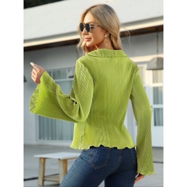 Solid Pleated V Neck Blouse, Casual Button Front Bell Sleeve Blouse For Spring & Fall, Women's Clothing Solid Pleated V Neck Blouse, Casual Button Front Bell Sleeve Blouse For Spring & Fall, Women's Clothing