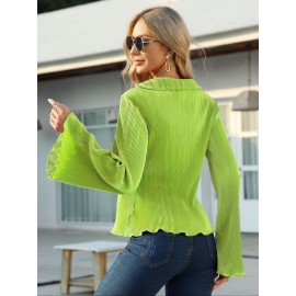 Solid Pleated V Neck Blouse, Casual Button Front Bell Sleeve Blouse For Spring & Fall, Women's Clothing Solid Pleated V Neck Blouse, Casual Button Front Bell Sleeve Blouse For Spring & Fall, Women's Clothing